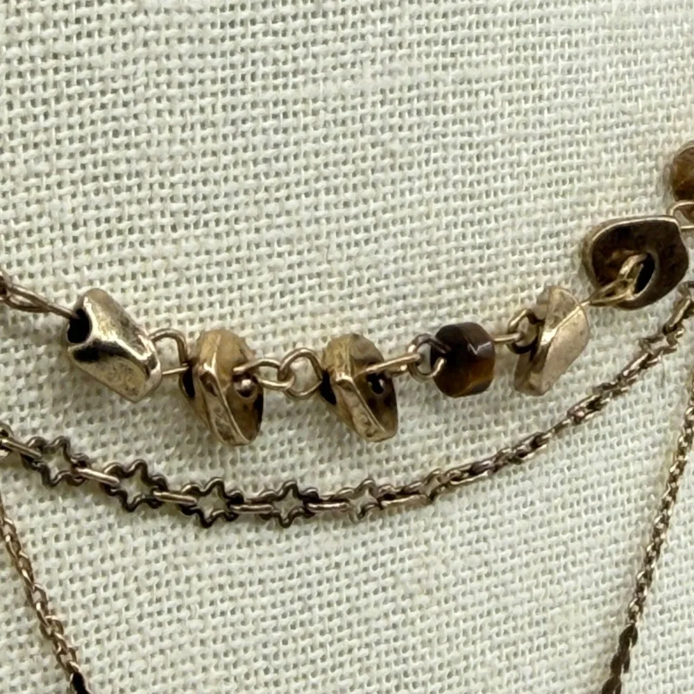 Gold Tone Brown Marquise Pendant Multi Strand Necklace Boho Statement Jewelry